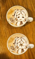  1girl :3 =_= coffee commentary_request cup food frieren fruit george_(yamamoto_kazuki) latte_art latte_art_(medium) lemon long_hair parted_bangs photo_(medium) pointy_ears sour_(taste) sousou_no_frieren unconventional_media 