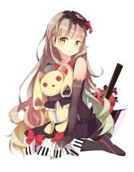 1girl axe bare_shoulders black_gloves black_hat black_socks blonde_hair blunt_bangs bow bowtie clothing_cutout dress earrings elbow_gloves flower full_body gloves hat heart heart_cutout highres holding jewelry kneehighs kneeling lolita_fashion long_hair looking_at_viewer mayu_(vocaloid) parted_lips piano_print red_bow red_bowtie red_flower red_rose rose sakura_suzu sleeveless sleeveless_dress socks solo stuffed_animal stuffed_rabbit stuffed_toy usano_mimi very_long_hair vocaloid weapon yellow_eyes yuneiro