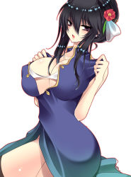  1girl absurdres bare_shoulders black_eyes black_hair breasts china_dress chinese_clothes cleavage clothes_pull covered_erect_nipples dress dress_pull flower flower_on_head hair_flower hair_ornament highres kyan_(glira) large_breasts looking_at_viewer open_mouth original scan scan_artifacts sidelocks simple_background solo thighhighs thighs 