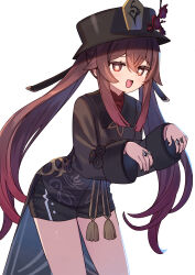  1girl black_nails black_shirt black_shorts blurry boo_tao_(genshin_impact) brown_eyes brown_hair brown_tassel chinese_clothes commentary_request flower flower-shaped_pupils genshin_impact ghost_pose hair_between_eyes hat hat_flower highres hu_tao_(genshin_impact) jewelry long_hair long_sleeves multiple_rings open_mouth porkpie_hat ring shirt shorts simple_background smile solo symbol-shaped_pupils thighs twintails white_background zenshin 