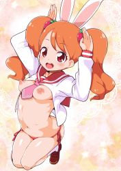  1girl breasts highres open_clothes orange_hair puffy_nipples rabbit_ears red_eyes school_uniform small_breasts zootan  rating:Explicit score:58 user:Gelgon