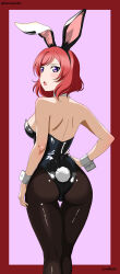  1girl :o absurdres alternate_breast_size alternate_costume animal_ears ass backless_leotard bare_arms bare_shoulders black_hairband blush border breasts dorsalecart fake_animal_ears from_behind hairband hand_on_own_hip highres large_breasts leotard looking_at_viewer looking_back love_live! love_live!_school_idol_project medium_hair nishikino_maki open_mouth playboy_bunny purple_eyes rabbit_ears rabbit_tail red_border red_hair solo tail thigh_gap thighs wrist_cuffs 