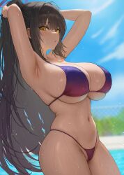  1girl :o absurdres armpit_crease armpits arms_up bikini black_bikini black_hair blue_archive blue_sky blush breasts cameltoe cleft_of_venus cloud dark-skinned_female dark_skin day halo heine_(haloo1101) high_ponytail highres huge_breasts karin_(blue_archive) large_breasts long_hair looking_at_viewer navel outdoors parted_lips pool skindentation sky solo stomach swimsuit underboob very_long_hair wet yellow_eyes  rating:Questionable score:59 user:danbooru