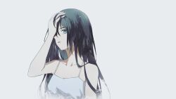  1girl aqua_eyes black_hair camisole collarbone hand_on_own_head highres long_hair looking_at_viewer manuga_(manuga430) original parted_lips simple_background solo spaghetti_strap tearing_up upper_body white_background white_camisole 