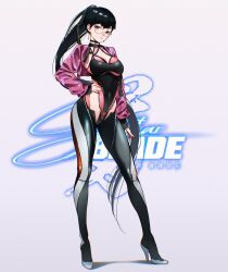  1girl black_hair bodysuit breasts brown_eyes cesar_art456 eve_(stellar_blade) frown full_body glasses gluteal_fold hand_on_own_hip high_heels highres long_hair looking_at_viewer official_alternate_costume orca_exploration_suit_(stellar_blade) ponytail simple_background skin_tight solo standing stellar_blade very_long_hair 