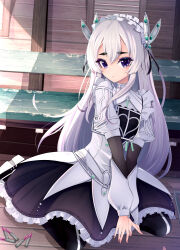  1girl black_skirt black_thighhighs butterfly_hair_ornament chaika_trabant commentary double-parted_bangs dress frilled_hairband frills grey_hair hair_between_eyes hair_ornament hairband highres hitsugi_no_chaika kneeling lolita_hairband long_hair looking_at_viewer miniskirt purple_eyes skirt solo thick_eyebrows thighhighs tundrea very_long_hair white_dress white_hairband 