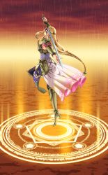 1girl absurdres armor armored_boots bad_id bad_pixiv_id blonde_hair blue_eyes boots braid circlet dress earrings from_behind highres hyrule_warriors jewelry knee_boots leg_lift long_hair looking_back magic_circle armored_boots nintendo pelvic_curtain pointy_ears princess_zelda rain shiroa1106 showgirl_skirt solo standing standing_on_one_leg sword the_legend_of_zelda thighhighs vambraces very_long_hair weapon
