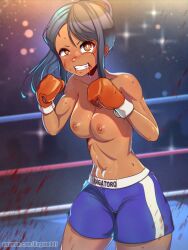  1girl abs blood boxing boxing_gloves boxing_ring breasts cleft_of_venus highres ijiranaide_nagatoro-san kagato007 medium_breasts muscular muscular_female nagatoro_hayase ponytail shorts smile solo tan topless  rating:Questionable score:82 user:Cancerouscrab