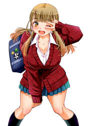  1girl ;d badge bag black_socks blue_skirt blush breasts button_badge cleavage commentary_request feet_out_of_frame gyaru highres large_breasts leaning_forward legs_apart light_brown_hair one_eye_closed open_mouth red_sweater school_bag school_uniform simple_background skirt smile smiley_face socks sogabe_toshinori solo sweater teeth twintails upper_teeth_only ushigome_yuna v_over_eye white_background yankee_jk_kuzuhana-chan 