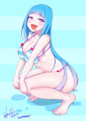  1girl :d ass barefoot bikini blue_hair blunt_bangs blush breasts cleavage covered_erect_nipples feet full_body highres hori_shin large_breasts long_hair looking_at_viewer me!me!me! meme_(me!me!me!) navel open_mouth pale_skin purple_eyes saliva saliva_trail smile solo squatting striped_bikini striped_clothes swimsuit very_long_hair  rating:Sensitive score:66 user:danbooru