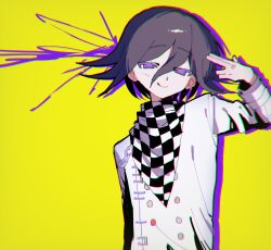  1boy arm_up artist_request checkered_clothes checkered_scarf chromatic_aberration colored_eyelashes danganronpa_(series) danganronpa_v3:_killing_harmony finger_gun finger_gun_to_head hair_between_eyes highres licking_lips long_sleeves looking_at_viewer male_focus neon_palette oma_kokichi purple_eyes purple_hair purple_outline scarf short_hair smile solo tongue tongue_out upper_body yellow_background 