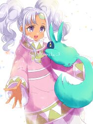  1girl aqua_fur asymmetrical_bangs coat cowboy_shot creature forehead_jewel grey_eyes grey_hair long_sleeves meredy_(tales) open_mouth outstretched_arms pantyhose pink_coat quickie_(tales) sanroku_3 smile tales_of_(series) tales_of_eternia twintails twitter_username upper_body wavy_hair white_background 