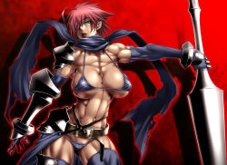  1girl abs armor belt bikini breasts gloves green_eyes hair_over_one_eye large_breasts micro_bikini muscular nobusi pointy_ears red_hair scarf solo swimsuit thighhighs weapon  rating:Questionable score:39 user:nothing