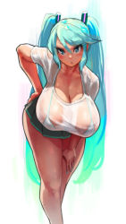 1girl aqua_eyes aqua_hair aqua_nails breasts cleavage eu03 hand_on_own_hip hanging_breasts hatsune_miku highres huge_breasts leaning_forward long_hair looking_at_viewer nail_polish necktie aged_up parted_lips see-through skirt solo sweat thick_thighs thighs very_long_hair vocaloid white_background rating:Sensitive score:154 user:danbooru