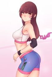 1girl ass bike_shorts bluefield blush breasts brown_eyes brown_hair character_name contrapposto cowboy_shot d.va_(overwatch) elbow_pads facial_mark from_behind gradient_background highres long_hair looking_back medium_breasts midriff overwatch overwatch_1 simple_background smile solo sports_bra standing sweat wristband rating:Sensitive score:122 user:danbooru