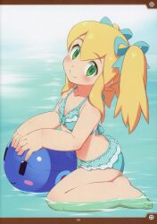  1girl absurdres alternate_costume aqua_bikini aqua_one-piece_swimsuit arched_back artbook ball barefoot beachball bikini blonde_hair blush breasts character_print closed_mouth female_focus frilled_bikini frills from_side full_body green_eyes hair_between_eyes hair_ribbon head_tilt highres holding huge_filesize inou_shin joints legs loli long_hair looking_at_viewer mega_man_(series) non-web_source on_ground one-piece_swimsuit outdoors page_number partially_submerged ribbon robot_joints roll_(mega_man) scan shadow sidelocks sitting small_breasts smile solo swimsuit thighs toes twintails wariza water 