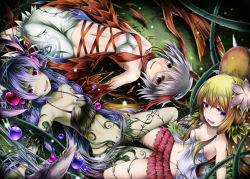  3girls :d aatora_the_fascinating_fiend bare_shoulders blonde_hair blue_eyes blush bra breasts brown_eyes cleavage collarbone colored_skin duel_monster evil_smile female_focus flower grass green_skin grey_hair hair_between_eyes hair_bobbles hair_flower hair_ornament highres kazuura_the_fascinating_fiend leaning_back legs long_hair looking_at_viewer lying midriff miniskirt monster_girl multiple_girls navel on_back open_mouth outstretched_arm plant pointy_ears purple_eyes purple_hair shimo_(depthbomb) short_hair skirt small_breasts smile thighs traptrix_atrax traptrix_myrmeleo traptrix_nepenthes trion_the_fascinating_fiend twintails underwear white_bra yu-gi-oh! yu-gi-oh!_duel_monsters 