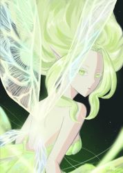  1girl black_clover dress fairy_wings green_background green_dress green_eyes green_hair highres long_hair looking_at_viewer looking_back spirit sylph_(black_clover) vhereall watermark wings  rating:Sensitive score:11 user:Anything_Goes