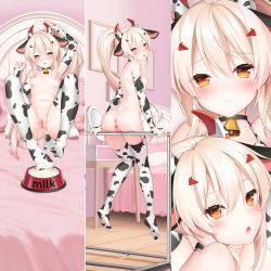 1girl animal_ears animal_print anus ayanami_(azur_lane) azur_lane back bell black_choker blonde_hair blush bowl breasts bridal_gauntlets chinese_commentary choker closed_mouth commentary_request cow_ears cow_horns cow_print cowbell dakimakura_(medium) fake_animal_ears fake_horns feet full_body hair_ornament has_bad_revision has_censored_revision heart heart-shaped_pupils highres horns loli long_hair looking_at_viewer milk multiple_views navel neck_bell nipples no_shoes nude parted_lips pet_bowl ponytail portrait print_bridal_gauntlets print_legwear pussy sex_toy sitting small_breasts suggestive_fluid symbol-shaped_pupils thighhighs tongue tongue_out uncensored very_long_hair vibrator wooden_floor yellow_eyes yutian_alice rating:Explicit score:153 user:danbooru