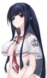  1girl :3 absurdres arms_at_sides between_breasts black_hair blue_eyes blunt_bangs blunt_ends blush breasts capelet cleavage closed_mouth commentary cross_print crown_print curvy dizzy_(nadecola9) english_commentary highres large_breasts long_hair looking_at_viewer navel necktie necktie_between_breasts no_bra print_necktie red_necktie school_uniform shy sidelocks simple_background smile solo straight_hair subarashiki_hibi sweatdrop takashima_zakuro upper_body white_background white_capelet  rating:Sensitive score:3 user:danbooru