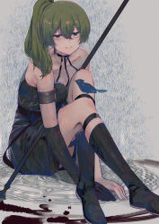  1girl absurdres armlet bird bird_on_knee black_choker black_dress black_footwear black_gloves boots choker commentary dress eyelashes full_body gloves green_hair highres jitome knees_to_chest long_hair looking_at_viewer magic_circle muted_color oshiri_seijin pleated_dress polearm single_glove smile solo sousou_no_frieren spear suspenders_hanging thigh_strap ubel_(sousou_no_frieren) weapon 