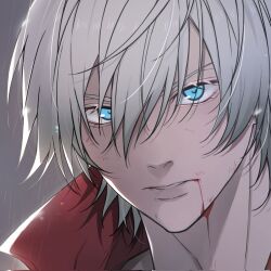  1boy androgynous bishounen blood blood_from_mouth blue_eyes close-up dante_(devil_may_cry) devil_may_cry devil_may_cry_(series) devil_may_cry_3 dirty dirty_face eye_focus eyelashes grey_background grey_hair hair_between_eyes highres limpidddd127433 long_bangs looking_at_viewer male_focus portrait short_hair solo 