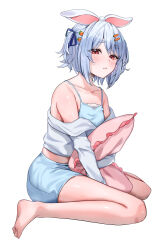  1girl alternate_hair_length alternate_hairstyle animal_ears armpit_crease blue_camisole blue_hair blue_ribbon blush breasts camisole carrot_hair_ornament collarbone food-themed_hair_ornament full_body hair_ornament hair_ribbon hairclip highres hololive looking_at_viewer monokawa_(iurl1z) parted_lips pillow rabbit_ears red_eyes ribbon short_eyebrows short_hair shorts simple_background sitting small_breasts solo thick_eyebrows usada_pekora virtual_youtuber wariza white_background 