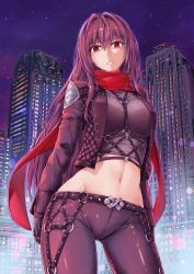  1girl absurdres adapted_costume bad_id bad_pixiv_id breasts building cowboy_shot fate/grand_order fate_(series) fish.boy gloves highres jacket large_breasts long_hair looking_at_viewer midriff navel pants parted_lips purple_hair red_eyes red_scarf scarf scathach_(fate) scathach_(fate) solo tight_clothes tight_pants  rating:Sensitive score:41 user:danbooru