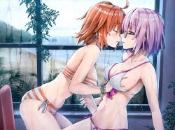  2girls adapted_costume ahoge arm_support bare_arms bare_shoulders beach bikini black-framed_eyewear blush bow bracelet breasts chair closed_eyes collarbone commentary_request day fate/grand_order fate_(series) from_side front-tie_bikini_top front-tie_top fujimaru_ritsuka_(female) fujimaru_ritsuka_(female)_(brilliant_summer) glasses grabbing grabbing_another&#039;s_breast half-closed_eyes hand_under_clothes imminent_kiss indoors jewelry koyuki_(kotatsu358) large_breasts leaning_back leaning_forward mash_kyrielight mash_kyrielight_(swimsuit_of_perpetual_summer) multiple_girls navel ocean official_alternate_costume orange_bikini orange_hair parted_lips pink_hair profile purple_bow purple_eyes purple_ribbon rain ribbon shore short_hair side-tie_bikini_bottom side_ponytail sitting stomach striped_bikini striped_clothes swimsuit water wet white_bikini white_ribbon window yuri  rating:Questionable score:34 user:danbooru