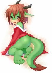  1girl animal_ears animal_hands ass barefoot blush bottomless brown_hair dragon dragon_ears dragon_horns dragon_tail fang feet full_body furry furry_female horns kagerofu loli looking_at_viewer red_eyes short_hair soles solo tail toes  rating:Questionable score:55 user:Mast3r_Ch33f