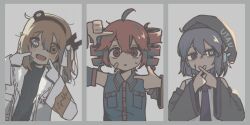  3girls 404 a.i._voice adachi_rei ahoge bags_under_eyes bandaid bandaid_on_cheek bandaid_on_face beret black_hat black_shirt black_sleeves blue_eyes blue_shirt blue_sleeves blush border collared_shirt column_lineup copyright_name cracked_skin detached_sleeves drill_hair empty_eyes fang finger_frame fingers_to_cheeks fingers_to_mouth gloves grey_background grey_border hair_ribbon hands_up hat headlamp heterochromia highres http_status_code jacket kasane_teto leaning_to_the_side looking_at_viewer medium_hair mismatched_pupils multiple_girls muted_color nao_(nao_62_) necktie one_side_up open_clothes open_jacket open_mouth orange_eyes orange_hair power_symbol-shaped_pupils purple_necktie radio_antenna ribbon shirt short_hair simple_background sleeveless sleeveless_shirt smile symbol-shaped_pupils text_in_eyes twin_drills upper_body utane_uta utau white_gloves white_jacket white_ribbon white_shirt x_fingers 
