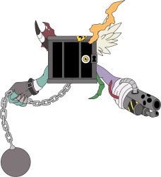 absurdres chain digimon digimon_(creature) flamethrower highres mimicmon solo weapon yellow_eyes