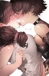 2girls asymmetrical_docking black_nails blush breast_press breasts brown_hair cheating_(relationship) closed_eyes clothes_lift ear_piercing earrings etchi_inoha_sukidesuka eyes_visible_through_hair french_kiss hair_over_shoulder hand_on_another&#039;s_stomach highres jewelry kiss large_breasts long_hair mole mole_under_mouth multiple_girls nail_polish nose_blush open_mouth original piercing profile purple_eyes ring saliva shirt shirt_lift short_hair simple_background sleeveless sleeveless_shirt sweat thumb_ring tongue tongue_out translated translation_request white_background white_shirt yuri rating:Questionable score:130 user:danbooru