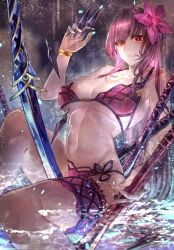  1girl bare_shoulders between_legs bikini breasts cleavage collarbone fate/grand_order fate_(series) flower hair_flower hair_in_own_mouth hair_ornament highres kunai large_breasts long_hair navel open_mouth partially_submerged polearm purple_hair red_eyes scathach_(fate) scathach_(fate) side-tie_bikini_bottom signo_aaa sitting solo spear swimsuit thigh_strap underboob weapon  rating:Sensitive score:17 user:danbooru