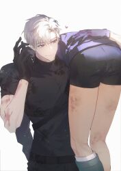  2boys absurdres ass belt black_belt black_gloves black_pants black_shirt carrying carrying_person cellphone closed_mouth dirt gloves grey_eyes heart highres ilay_riegrow jeong_taeui light_smile male_focus multiple_boys pants passion_(manhwa) phone scar scar_on_arm shirt short_sleeves shorts smartphone white_background white_hair whiteislife_4 