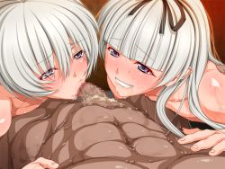 1girl 2boys :&gt;= androgynous bisexual_male black_lagoon brother_and_sister censored cum fellatio g_kilo-byte gretel_(black_lagoon) grey_hair group_sex hair_ribbon hansel_(black_lagoon) multiple_boys muscular oral penis pov purple_eyes ribbon saberfish siblings smile sweat trap twins white_hair rating:Explicit score:45 user:720fiflk