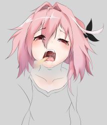 1boy absurdres astolfo_(fate) black_bow blush bow braid fang fate/apocrypha fate_(series) hair_intakes hair_ribbon highres long_hair looking_at_viewer male_focus multicolored_hair open_mouth partially_colored pink_hair purple_eyes qinshi_ji ribbon saliva saliva_trail single_braid solo streaked_hair tongue_depressor trap upper_body uvula rating:Sensitive score:27 user:danbooru