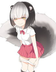  13o 1girl :&gt; black_hair collared_shirt highres holding holding_clothes knees_together_feet_apart looking_at_viewer multicolored_hair original panties pleated_skirt pocket red_ribbon red_skirt removing_panties ribbon school_uniform shirt short_sleeves skirt skunk skunk_ears skunk_tail solo standing two-tone_hair underwear white_background white_hair white_panties white_shirt yellow_eyes  rating:Questionable score:22 user:エヴィ