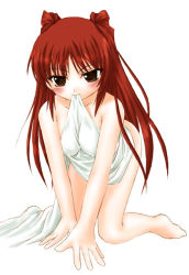 00s 1girl all_fours barefoot bed_sheet blush breasts brown_eyes covering_privates full_body kousaka_tamaki large_breasts mizuna_(water_emp-tei) mouth_hold naked_sheet naughty_face nude nude_cover red_hair solo to_heart_(series) to_heart_2 white_background