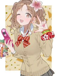  1girl ;d bow bowtie bracelet brown_eyes brown_hair cardigan cellphone commentary_request gyaru highres holding holding_phone ichikawa_hinana idolmaster idolmaster_shiny_colors jewelry long_hair looking_at_viewer official_alternate_costume one_eye_closed open_mouth phone pink_nails school_uniform scrunchie smile solo twintails upper_body wrist_scrunchie yumeme_818 