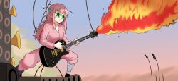 1girl :o amogan bocchi_the_rock! commentary english_commentary fire flamethrower gotoh_hitori gradient_sky green-framed_eyewear guitar highres holding holding_guitar holding_instrument instrument long_hair mad_max mad_max:_fury_road music pajamas parody parted_lips pink_hair pink_pajamas playing_instrument scene_reference sky solo star-shaped_eyewear sunglasses weapon