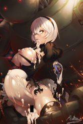 2b_(nier:automata) all_the_way_through amputee android artist_name ass bar_censor breasts censored constricted_pupils cum cum_in_ass cum_in_mouth cum_in_pussy cum_on_body cum_on_breasts cum_on_clothes cum_on_lips cum_on_stomach cum_on_upper_body cum_overflow damaged eyelashes green_eyes hairband highres large_breasts large_insertion leg_grab looking_up motion_blur nier:automata nier_(series) open_mouth pain puffy_sleeves rikume robot saliva silver_hair skindentation solo spread_legs stomach_bulge sweat tears torn_clothes vomit vomiting vomiting_cum rating:Explicit score:97 user:danbooru