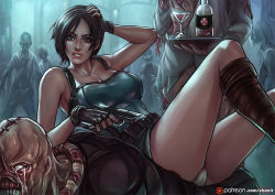  1girl bare_shoulders belt black_gloves black_hair blue_eyes boots breasts brown_footwear capcom cleavage crying crying_with_eyes_open cup dress drinking_glass femdom fingerless_gloves gloves grin gun hand_on_own_head handgun holding holding_gun holding_weapon jill_valentine kachima large_breasts looking_at_another nemesis_(resident_evil) panties pantyshot resident_evil resident_evil_3 resident_evil_3:_nemesis short_dress short_hair sideboob sitting sitting_on_person skin_tight smile solo_focus tears tray underwear weapon white_panties wine_glass zombie  rating:Sensitive score:55 user:danbooru