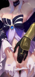  2girls bite_mark bite_mark_on_shoulder black_background black_choker black_gloves blue_hair breasts choker cleft_of_venus commentary dress english_commentary genshin_impact gloves gradient_hair half_gloves hand_on_another&#039;s_crotch hand_on_another&#039;s_stomach head_out_of_frame highres jewelry ker0nit0 kujou_sara long_sleeves medium_breasts mole mole_on_breast multicolored_hair multiple_girls navel off-shoulder_dress off_shoulder panties panty_pull pink_hair pulled_by_self purple_dress pussy reach-around ring sangonomiya_kokomi simple_background thigh_gap thighhighs uncensored underwear vision_(genshin_impact) white_gloves white_panties white_thighhighs yuri 
