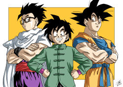  3boys black_hair blonde_hair blue_shirt brothers cape chinese_clothes cowboy_shot crossed_arms dated dougi dragon_ball dragon_ball_super dragon_ball_super_super_hero father_and_son forest_1988 glasses goku_day green_jacket grin group_picture hands_on_own_hips jacket looking_at_viewer male_focus medium_hair multiple_boys muscular muscular_male orange_pants orange_shirt pants purple_shirt red_sash sash shirt short_hair short_sleeves siblings signature sleeveless sleeveless_shirt smile son_gohan son_goku son_goten spiked_hair v-neck white_cape yellow_background 