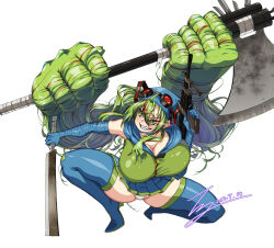 1girl absurdly_long_hair arm_wrap assault_rifle axe bandaged_neck bandages battle_axe blue_footwear blue_hair blue_headwear blue_skirt boots breasts bullpup cleavage commentary commission crossover dated english_commentary eye_trail finger_on_trigger full_body goggles goggles_on_head green_eyes green_hair green_vest grin gun hair_ornament hair_weapon hand_wraps hank_miku hatsune_miku high_heel_boots high_heels highres holding holding_gun holding_sword holding_weapon huge_breasts l85 light_trail long_hair looking_to_the_side machete madness_combat multicolored_hair original panties pantyshot pixiv_commission pleated_skirt prehensile_hair rantia red-tinted_eyewear red_hair red_pupils rifle sharp_teeth signature simple_background skindentation skirt smile solo squatting streaked_hair sword teeth thick_thighs thigh_boots thighs tinted_eyewear triple_wielding underwear very_long_hair vest vocaloid weapon white_background white_panties zipper_pull_tab