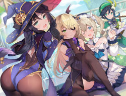  1boy 3girls aqua_eyes ass barbara_(genshin_impact) bare_shoulders blue_eyes blue_leotard blush bodystocking bow braid breasts brown_legwear cape collared_capelet detached_sleeves dress drill_hair eyepatch fischl_(genshin_impact) flower genshin_impact gradient_hair green_cape green_eyes green_headwear hair_over_one_eye hat hat_flower hat_ornament leotard long_hair looking_at_viewer medium_breasts mona_(genshin_impact) multicolored_hair multiple_girls open_mouth pantyhose purple_bow small_breasts smile smug tetsubuta trap twin_braids twin_drills twintails two_side_up venti_(genshin_impact) white_dress white_headwear white_pantyhose white_sleeves witch_hat  rating:Sensitive score:113 user:danbooru