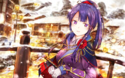  1girl aiguillette artist_name blue_cloak blunt_bangs breasts buttons cloak collared_shirt fence flower getsuei_(moonshadowp) gold_trim hair_ribbon highres jacket katana lamppost long_sleeves looking_at_viewer medium_breasts open_mouth ponytail purple_eyes purple_hair purple_jacket red_flower red_ribbon ribbon river shirt shoujo_kageki_revue_starlight shoujo_kageki_revue_starlight_-re_live- sidelocks smile snowing solo sword tomoe_tamao weapon white_shirt winter wooden_fence 