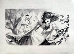  2girls animal_ears breasts charcoal_(medium) chinese_commentary commentary_request detached_sleeves greyscale hand_on_own_hip hat holding holding_sword holding_weapon inubashiri_momiji monochrome multiple_girls neck_ribbon open_mouth outdoors pom_pom_(clothes) puffy_short_sleeves puffy_sleeves ribbon shameimaru_aya shirt short_sleeves simple_background skirt sleeveless sleeveless_shirt small_breasts smile sword tokin_hat touhou traditional_media weapon white_background wolf_ears wolf_girl xinbuqing 
