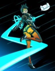  1girl ass black_gloves bodysuit bomber_jacket chest_harness dazol earclip gloves harness highleg jacket narrow_waist orange_goggles overwatch short_hair simple_background tagme tracer_(overwatch)  rating:General score:2 user:lacacorra